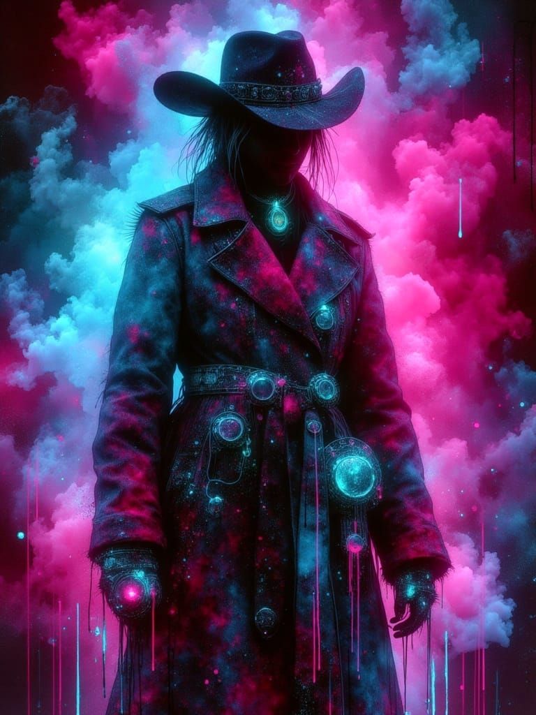 <lora:HRH-neon-grunge:1.0> A wanderer dressed in a fusion of punk fashion and digital aesthetics, their trench coat infused with glowing cir...