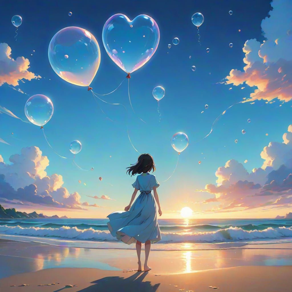 Anime Girl Releases Heart Bubbles on Twilight Beach