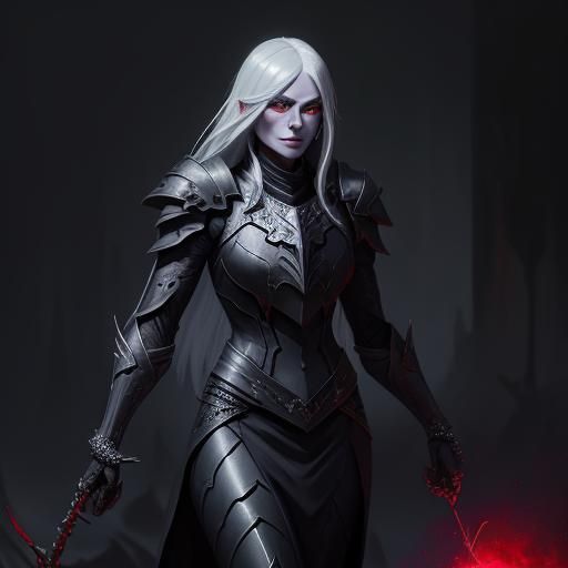 a Dungeons & Dragons style female drow, long gray hair, red eyes, full ...