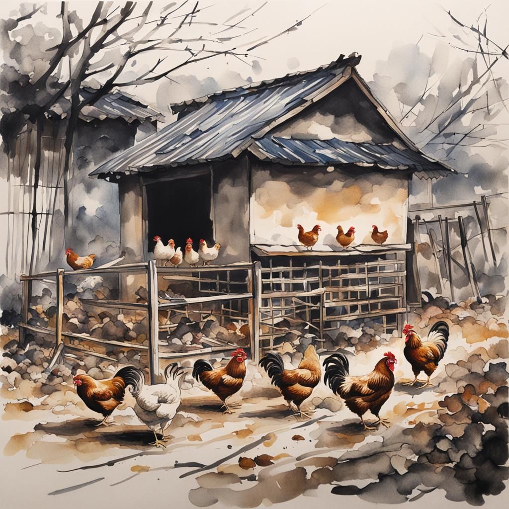 Ink Painting of Chickens near Chicken Coop