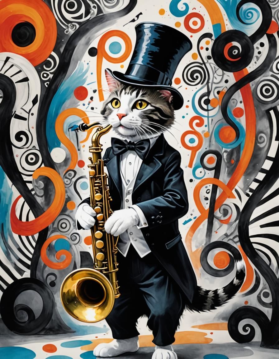 Surrealistic jazz scene. Close-up shot. A  Seussical Cat In The Hat wearing a zootsuit  and  top hat with iridescent black and white fur pl...