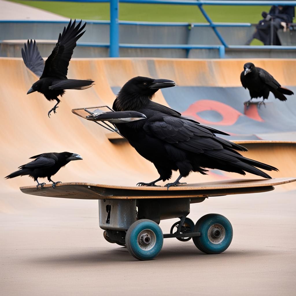 Multiple crows use strange wheeled craft in a skatepark