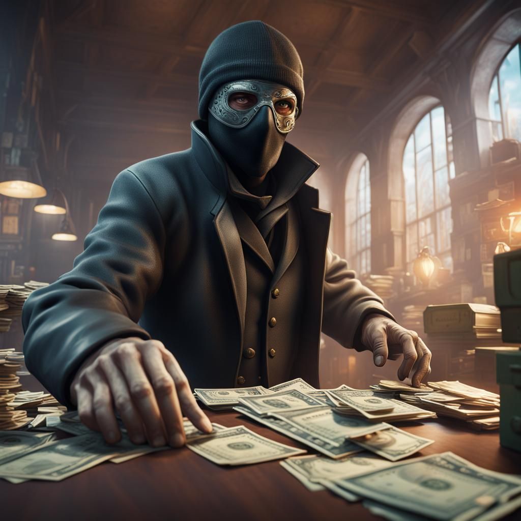 The masked thief places his bounty on the table, counting hi...