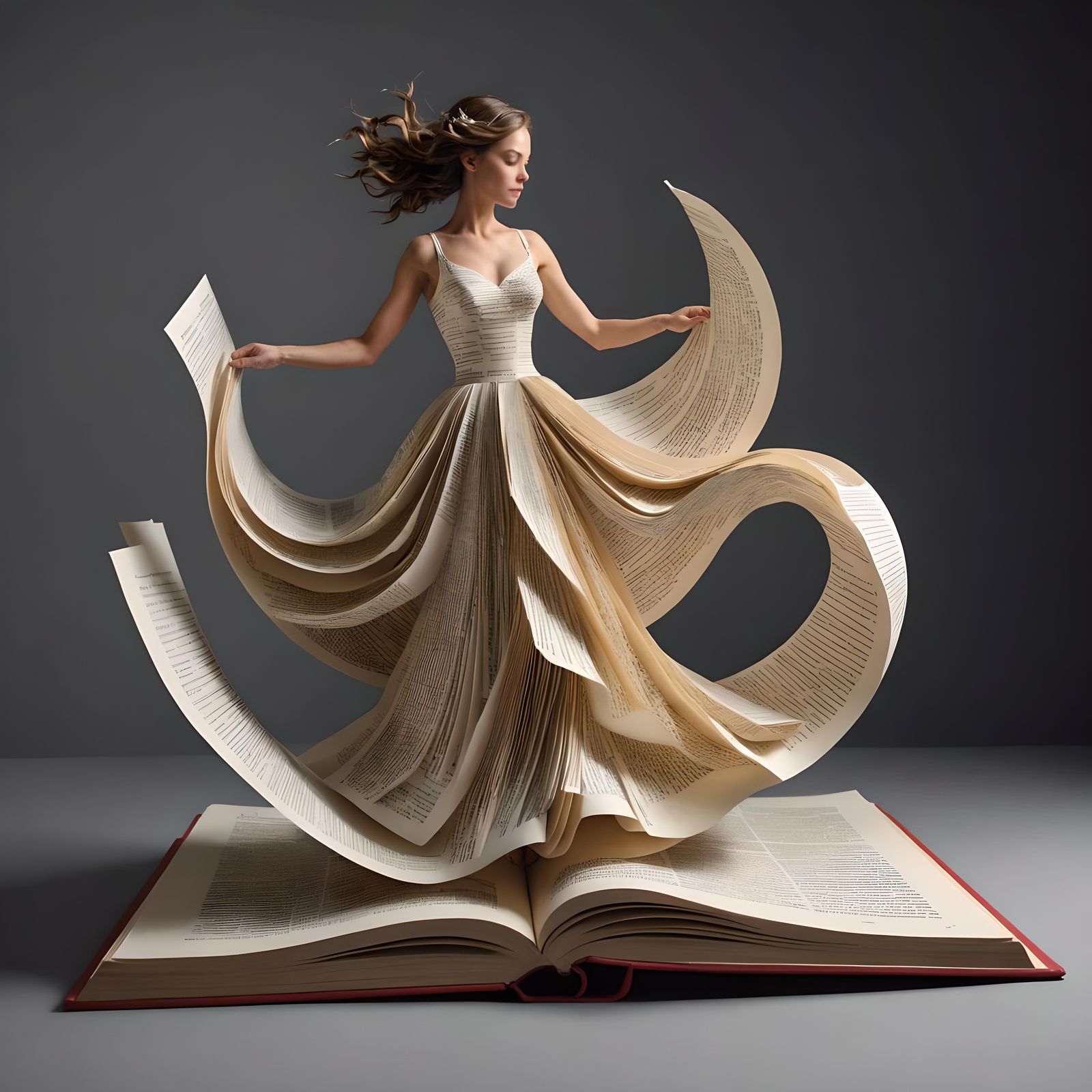Create a detailed 3D render of a woman made of paper, emerging from an open book. Her dress is crafted ...  by @Artificial Intelligence Artist