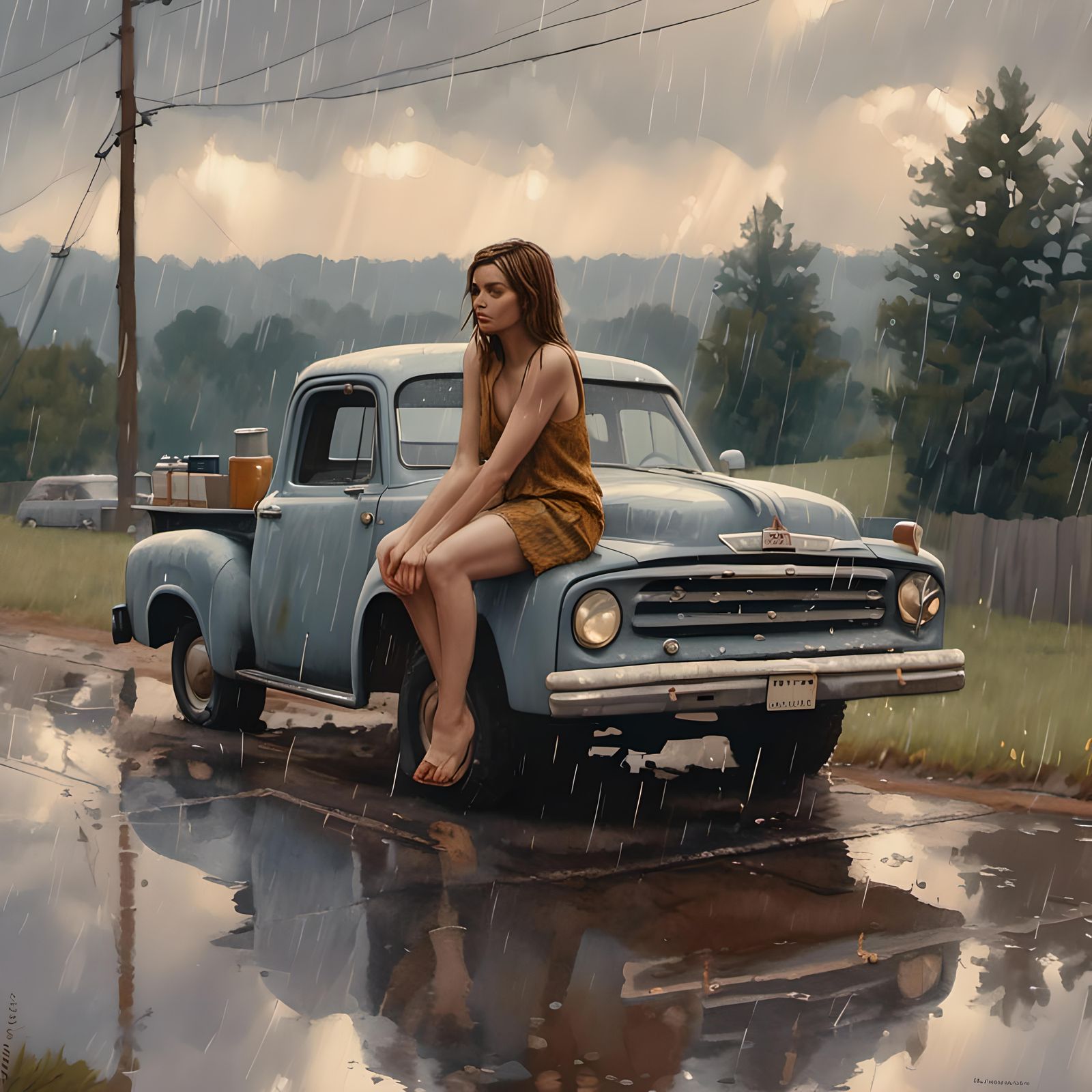 "Springsteen - Jungleland"<lora:Color the Enexpected:1.0> Barefoot Girl Sitting On The Hood of a Dodge Drinking Warm Beer in The Soft Summer Rain