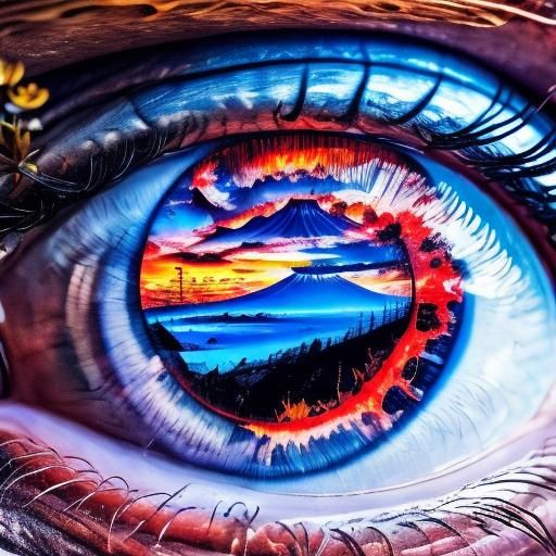 "macro shot of “volcano exploding <lora:Eyeeezzzzz:1.0> inside an eye" double exposure collage art illustration, silhouette art, fantasy, hd...