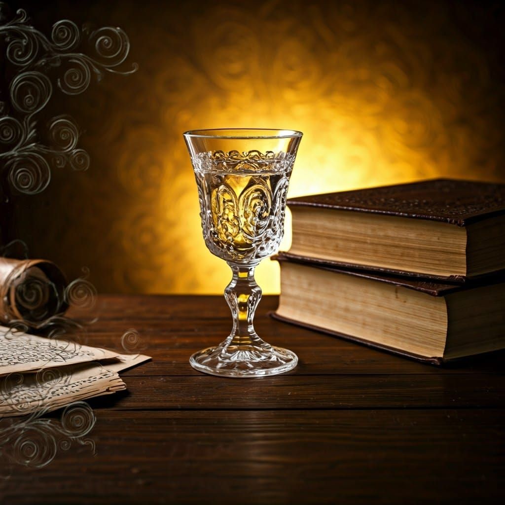 Golden Study Space with Talmudic Tomes and Kiddush Cup