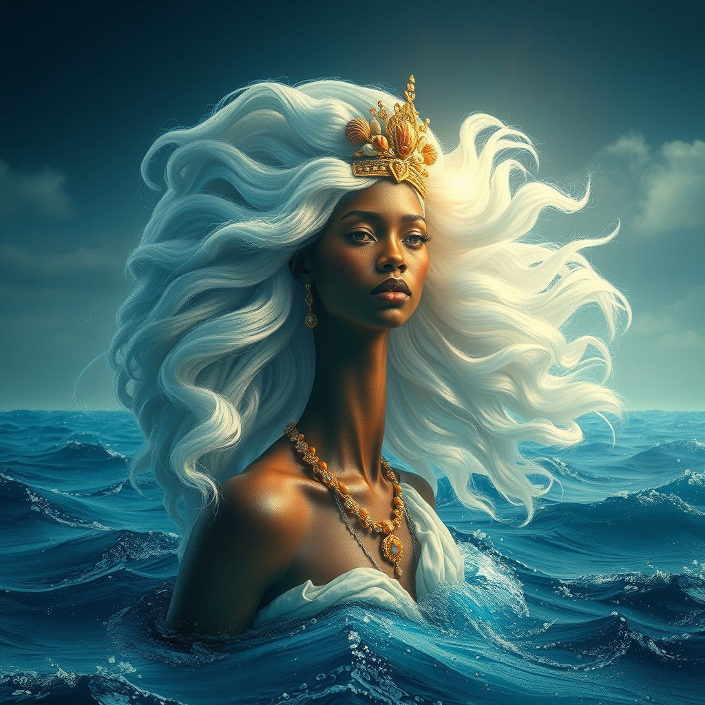 La imagen ultrarrealista muestra a una mujer diosa del mar a...