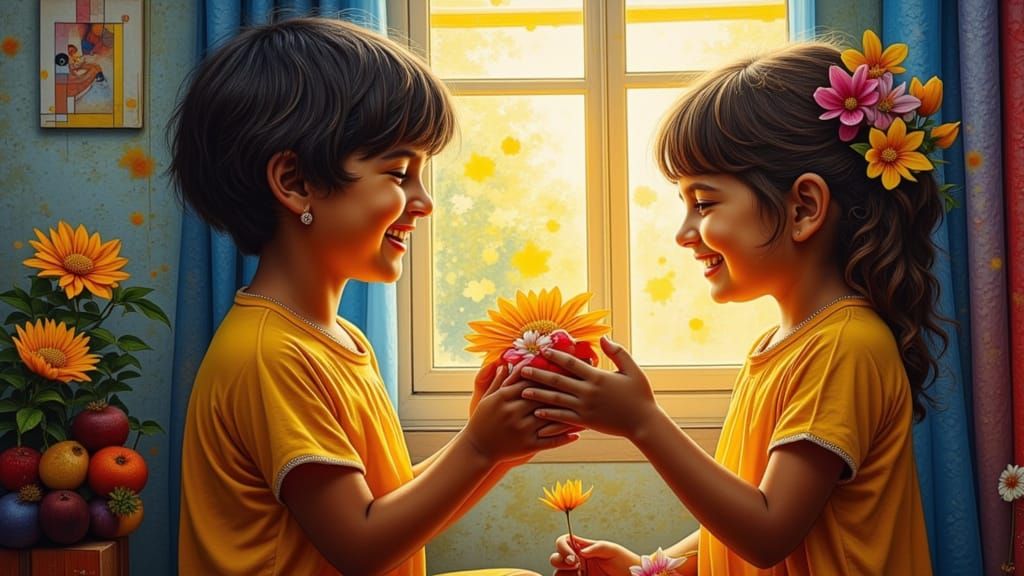 Child's Joyful Moment in Vibrant Impasto Oil Painting