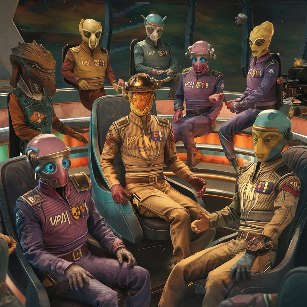 Captain Vindozi Xorcap Sitting In The Center With His Small Crew Of Starship UPA Drewvadd NDD 6327