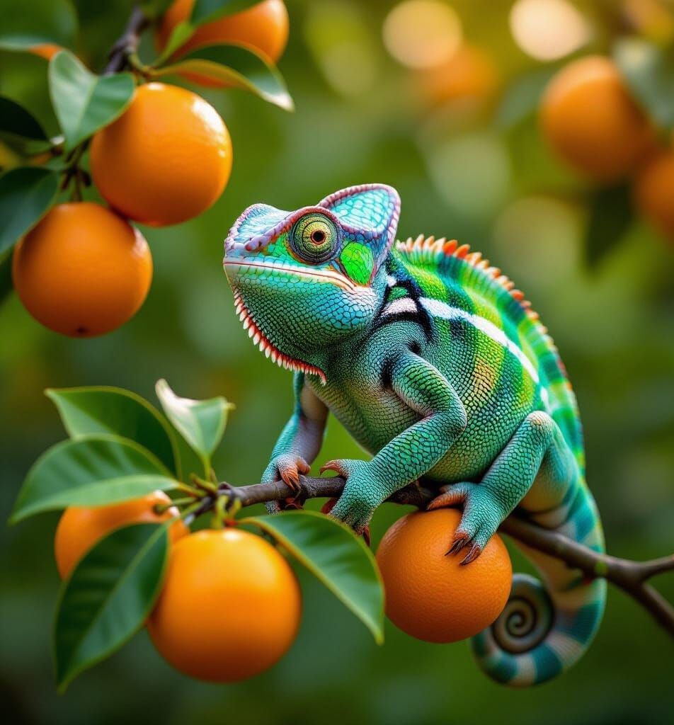 A hyper-realistic chameleon perfectly camouflaged in a fruiting orange tree. The chameleon is perched ...  by @Synyster