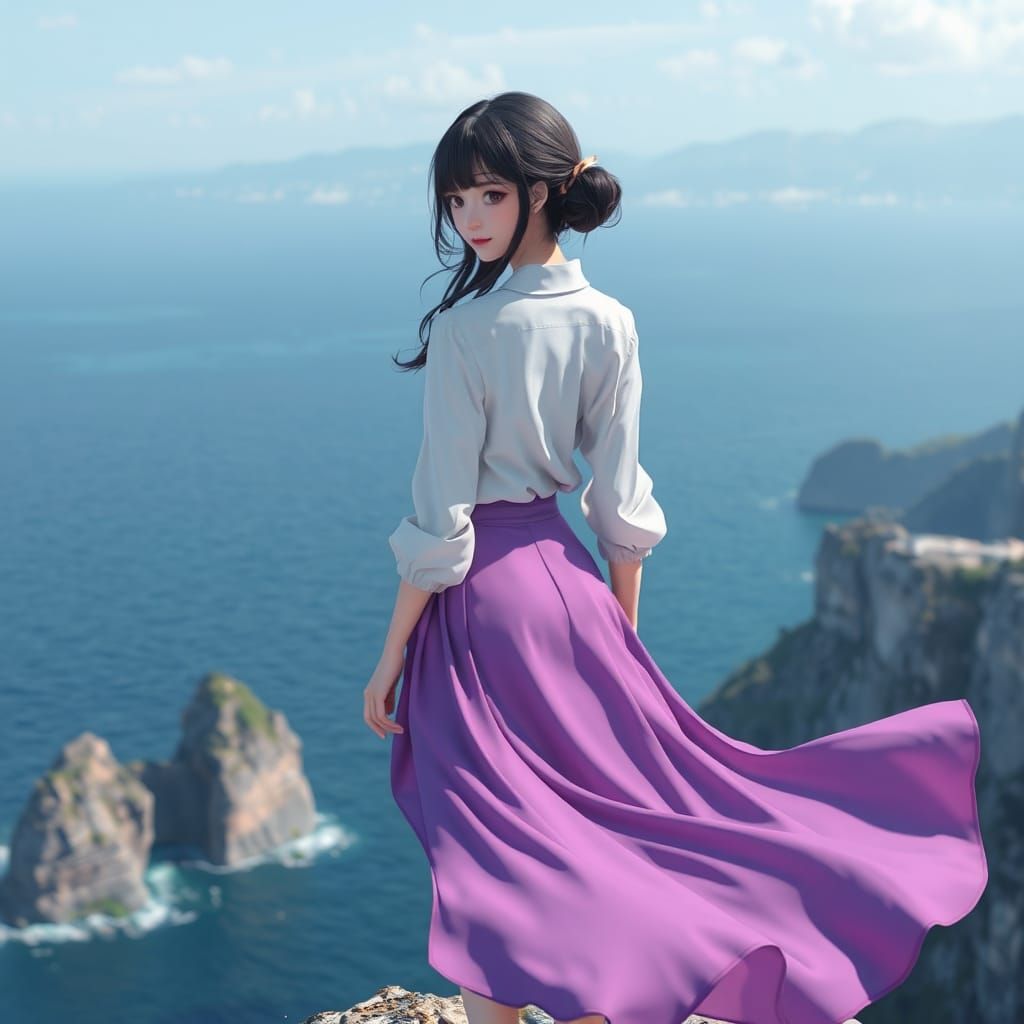 A young woman wearing a dress shirt and a flowing purple ski...