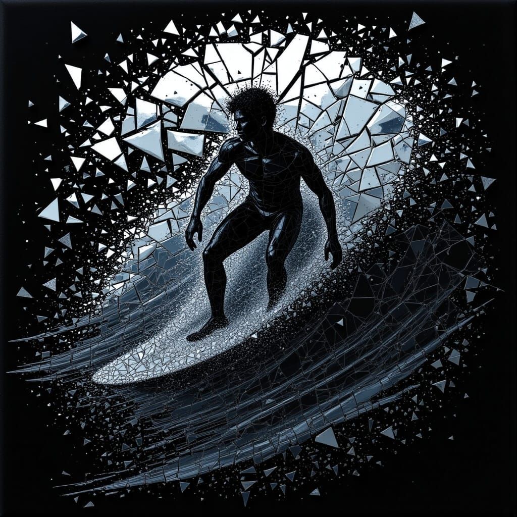 surfer on wave abstract portrait made with shattered glass on black velvet. the shatters forms the outline of portrait <lora:Shattered:1.0>