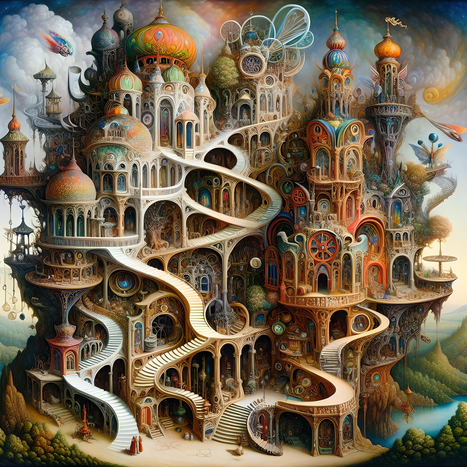 Intricate elaborate huge Faerie fantasy castle, Long winding stairways ...