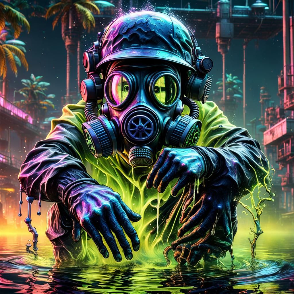 Gas  mask monkeys ,vapor waves ,music neon glow make ghost vapor oil on water reflection  , unreal engine 5 ,128 bit gra...