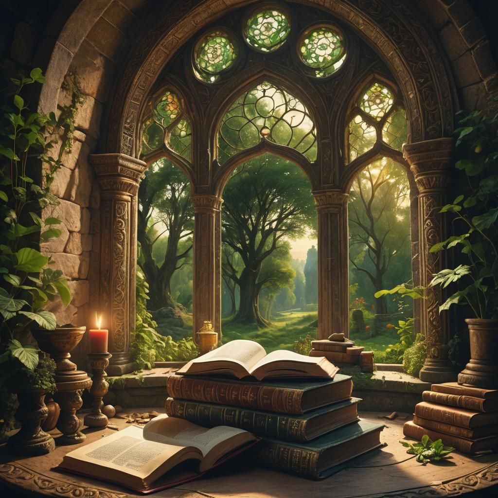 Mystical Books on Ornate Table with Lush Foliage