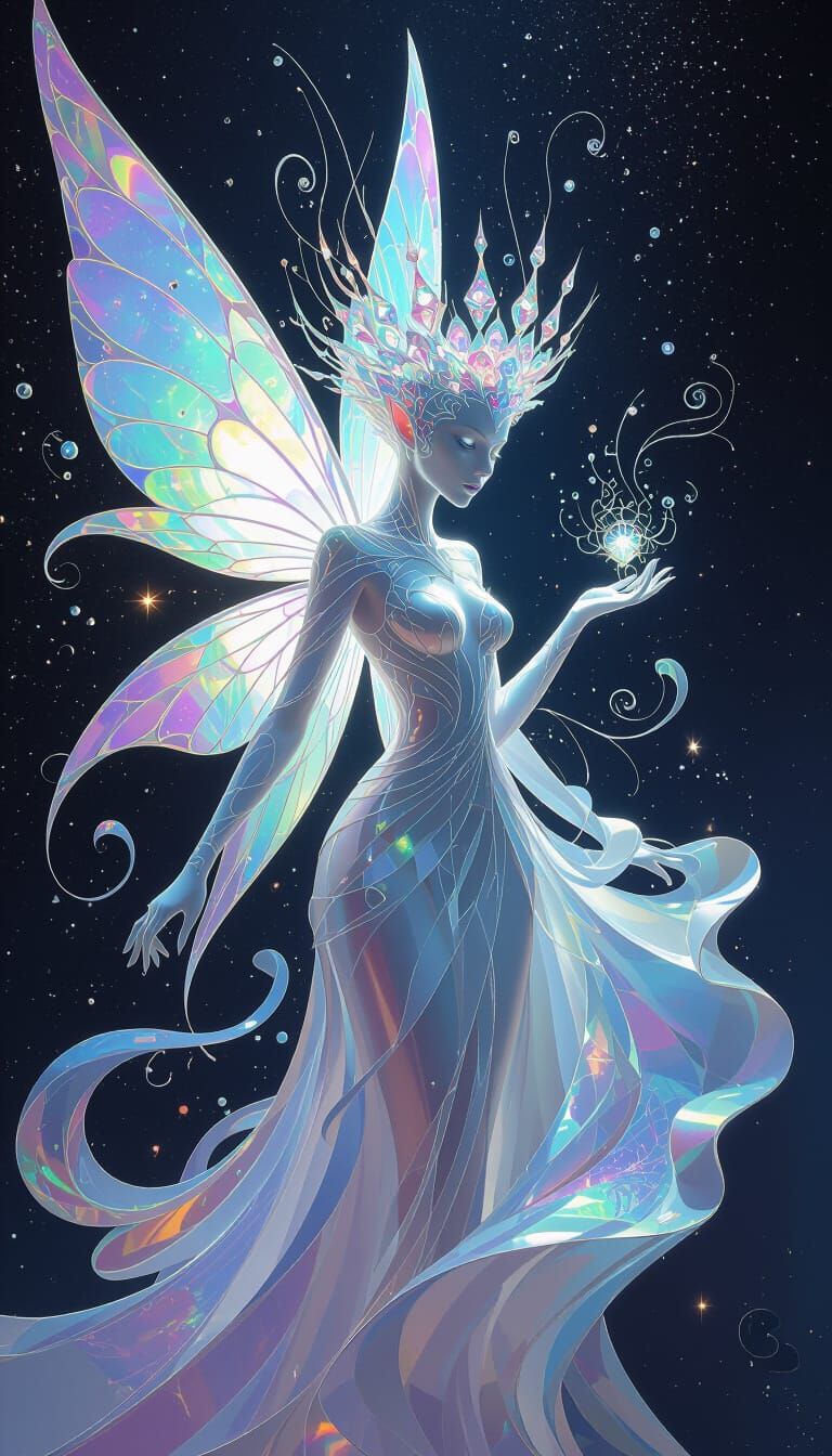 A highly abstract vibrante colors crown's fairy alien playin...