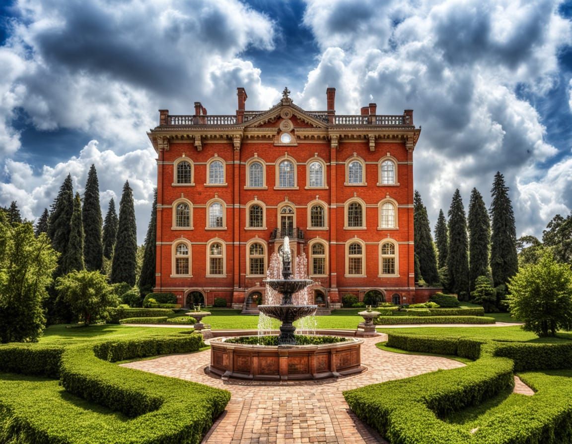 Brick mansion in a garden park. intricate details, HDR, beautifully shot, hyperrealistic, sharp focus, 64 megapixels, perfect composition, h...