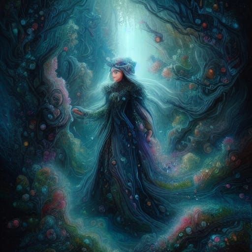 <lora:Liquid Pouring SD15:1.0> A majestic beautiful 40 year old woman guardian wearing a silver fur like woven moonlight, stands guard at th...