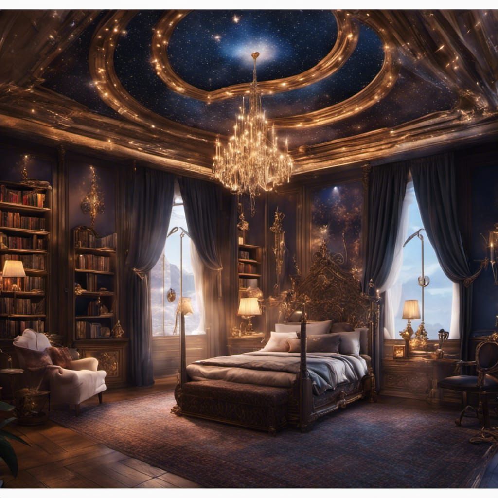 magical royal bedroom with a starlit ceiling, glistening cry...