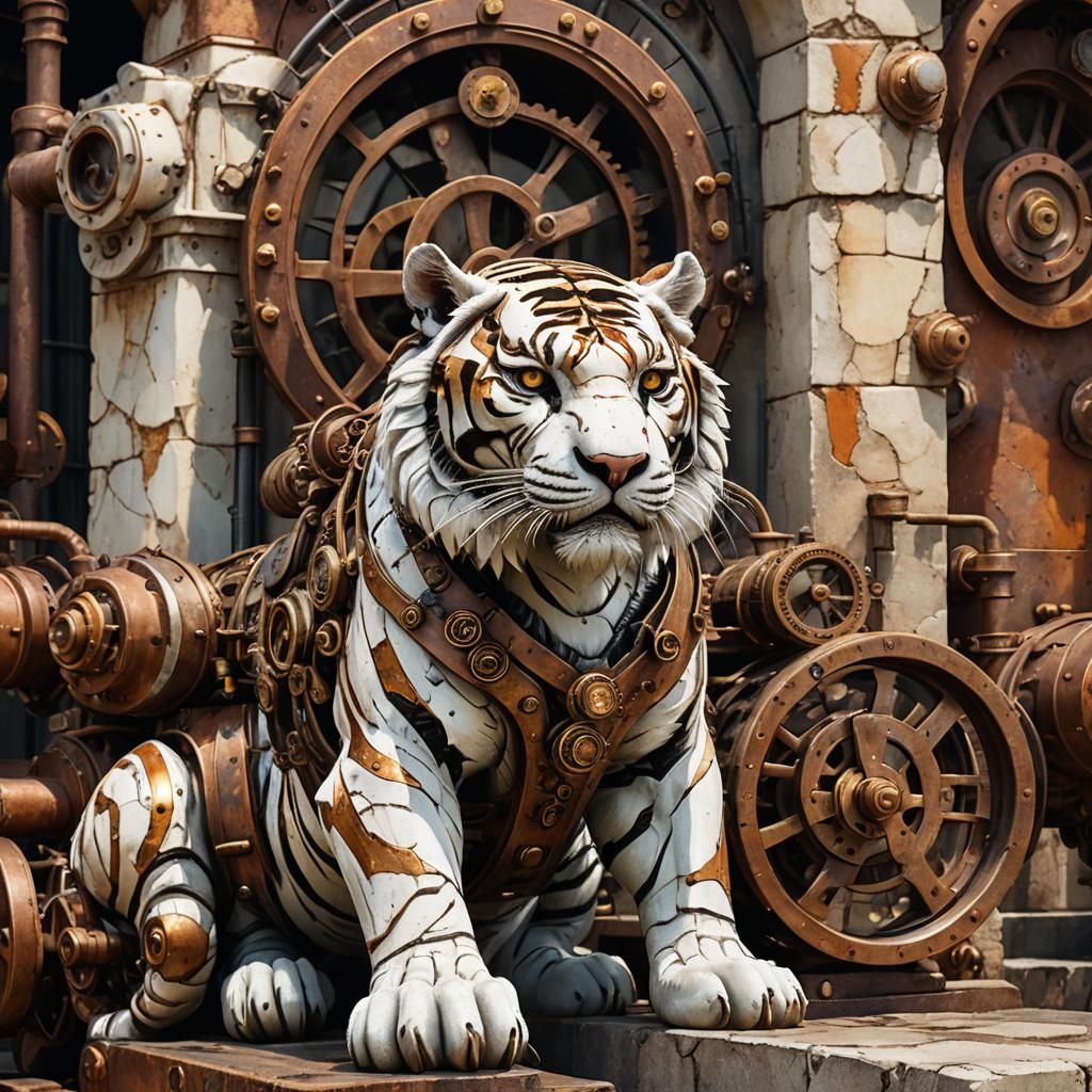 white stone tiger with stripes of multi-colored peeling paint