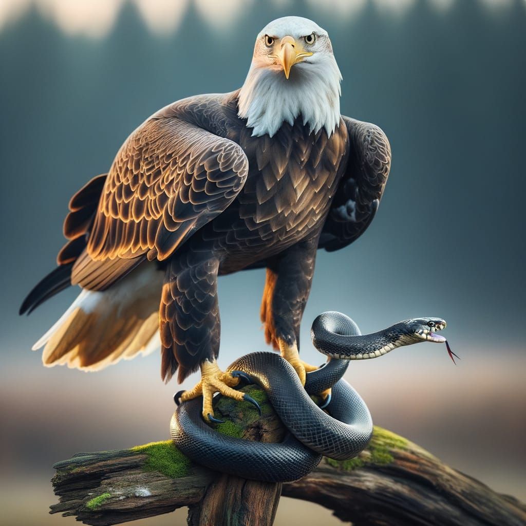 A bald eagle standing, holding a snake, wings slightly sprea...