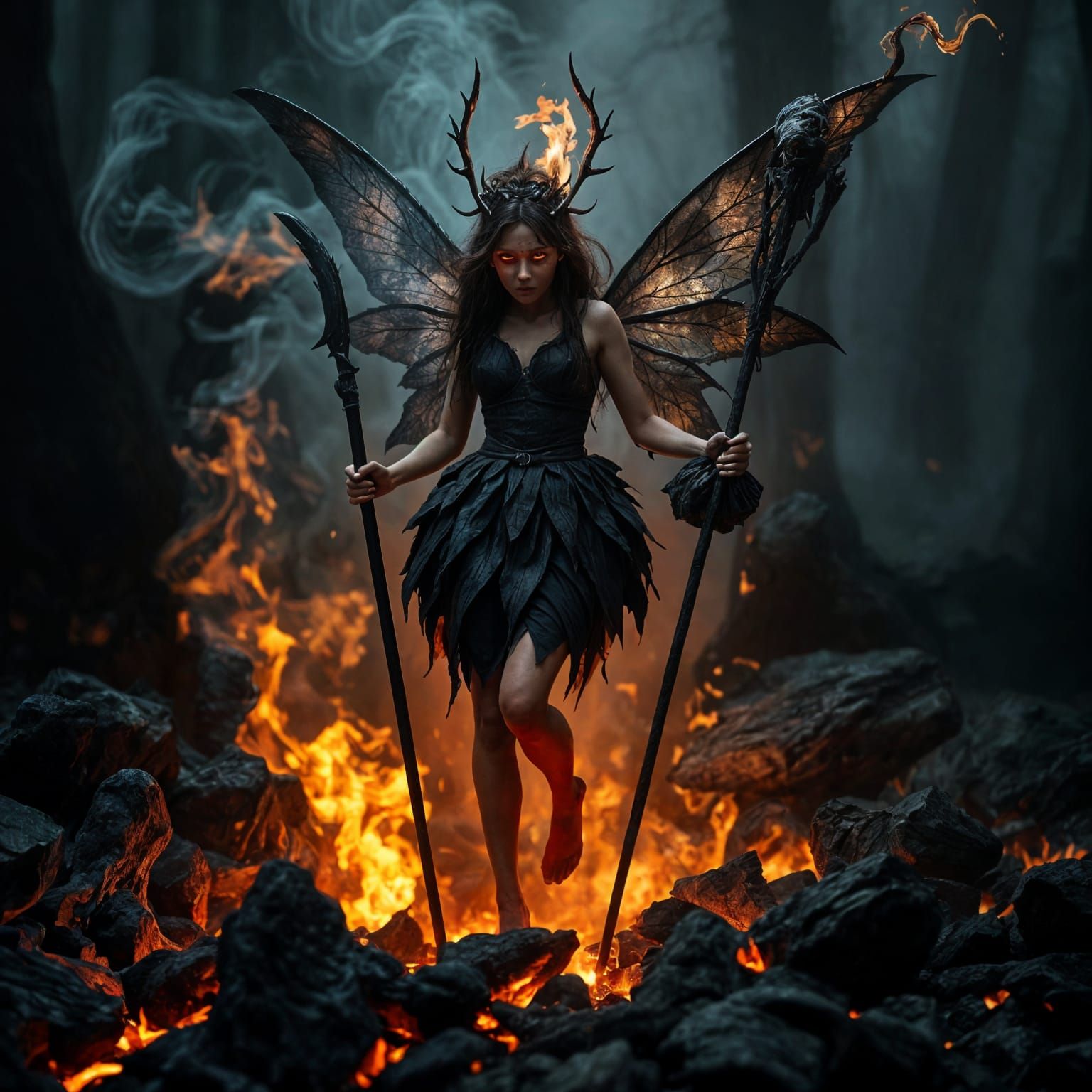 In a charred forest, a fairy made of smoke and ash rises from the embers, her eyes glowing with the heat ...  by @Pinto
