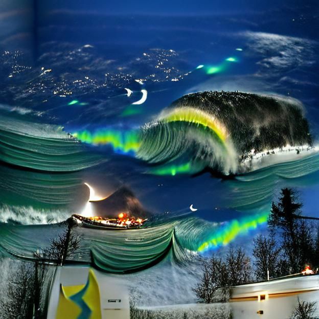 Tsunami wave under moonlit aurora borealis