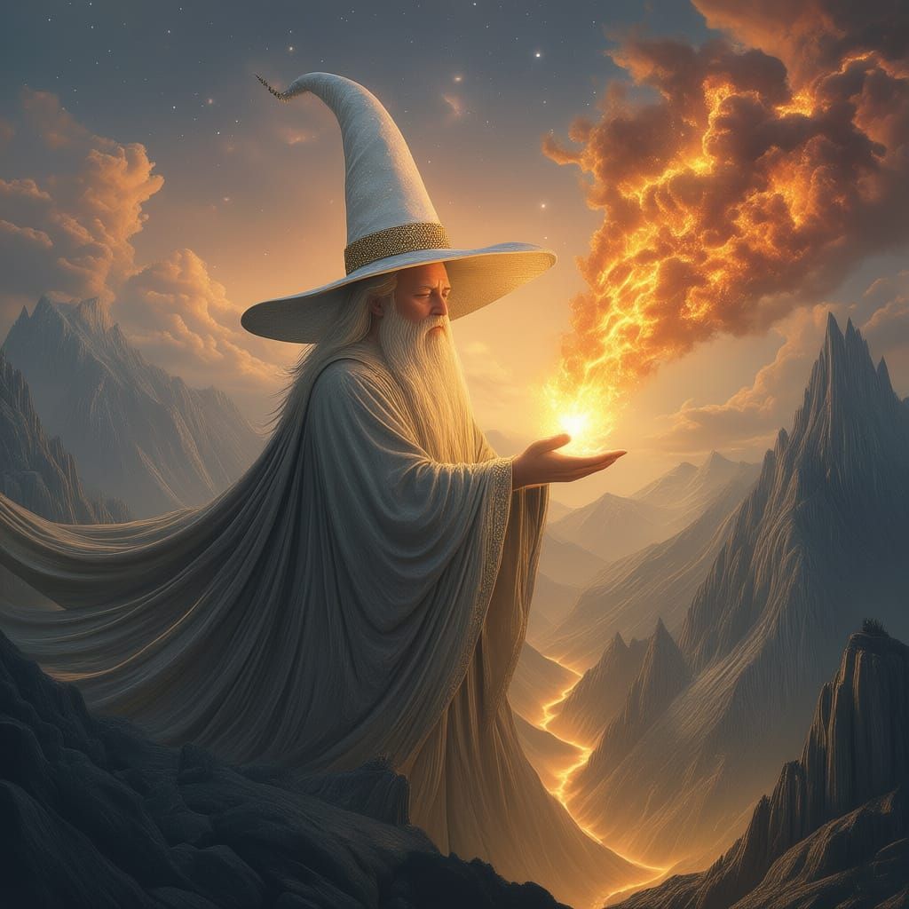 A colossal wizard, his beard flowing like a waterfall, stands atop a mountain range that resembles a giant, sleeping dragon. He is performin...