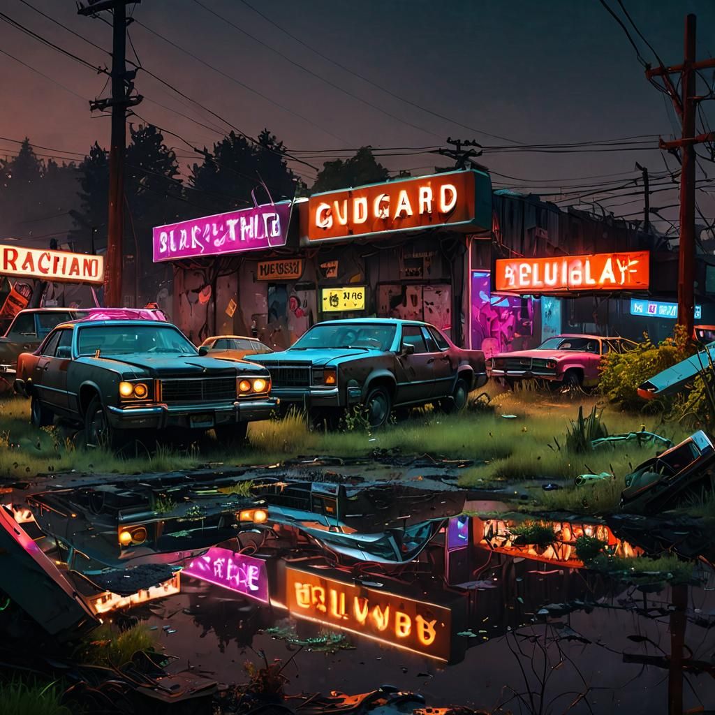 a neon sign graveyard, with a surreal, cyberpunk atmosphere....
