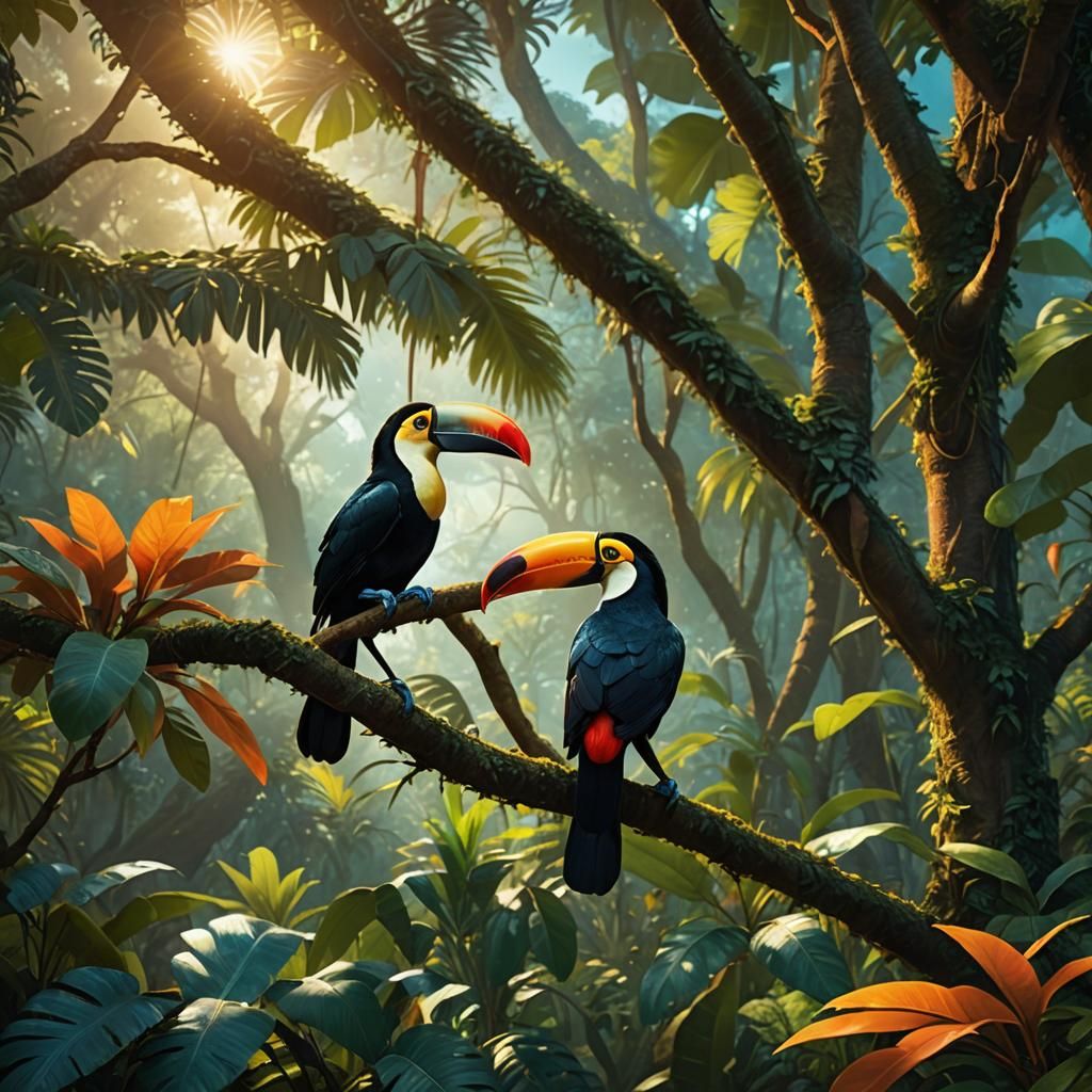Dreamlike Toucan in Lush Jungle, Digital Matte Painting
