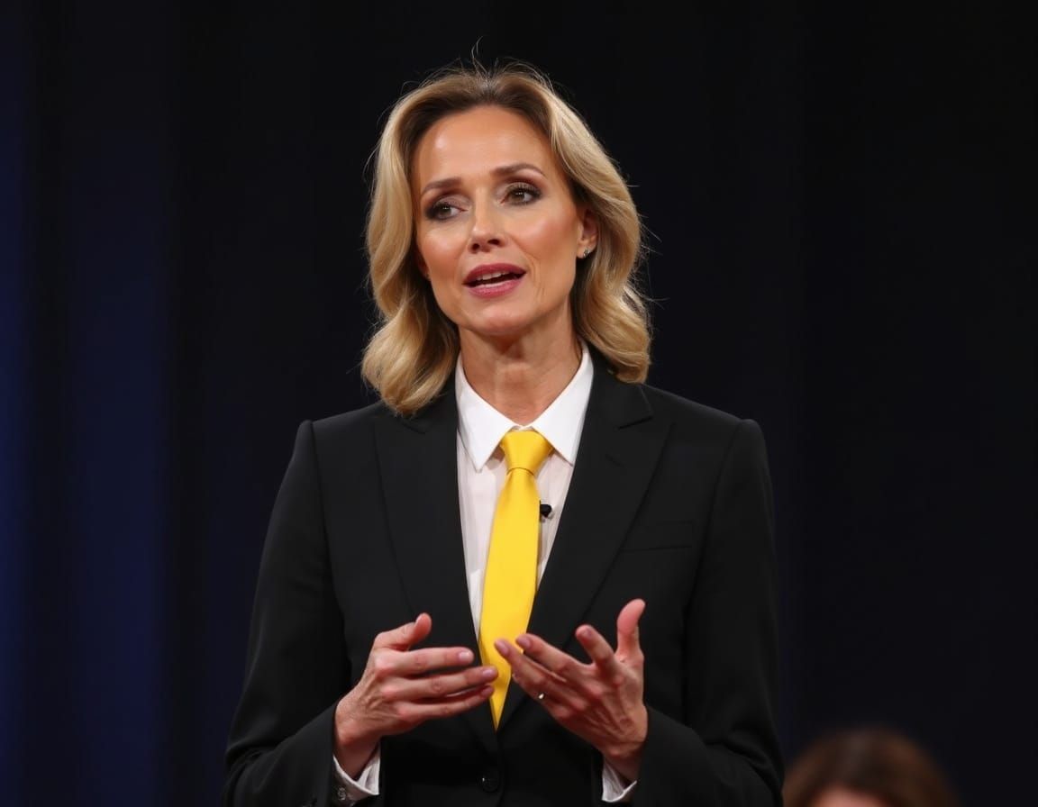 A woman wearing a black suit and a yellow necktie