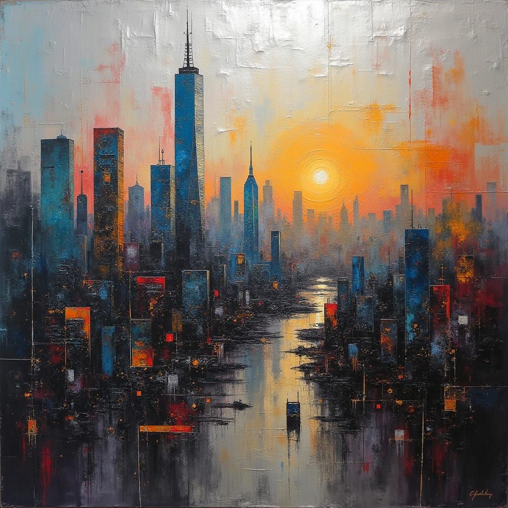 Surreal Cityscape in Metallic Expressionism