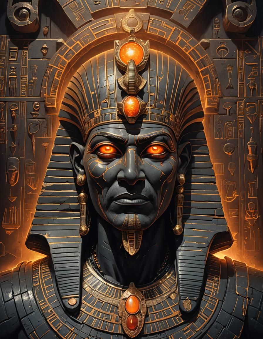 scenic picture of a underworld god, wide face, evil look, or...