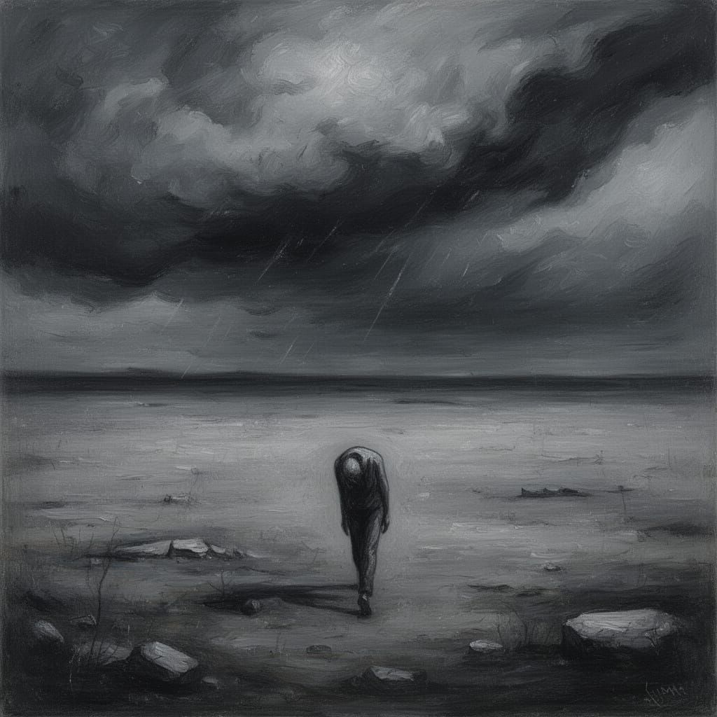 Desolate Figure in Expressionistic Stormy Landscape