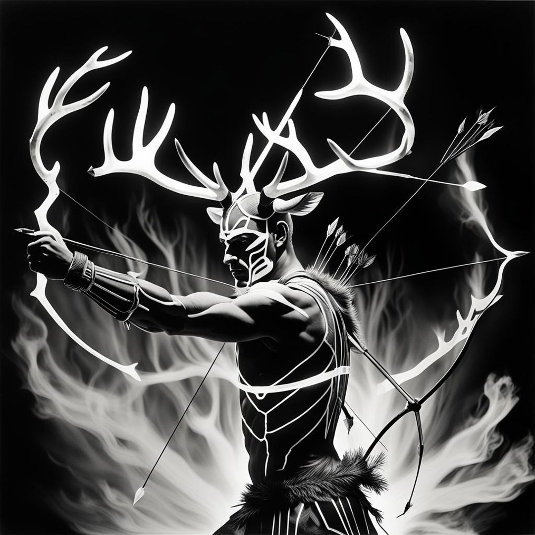 black and white photogram, rayograph ,man with antlers, lightning ...