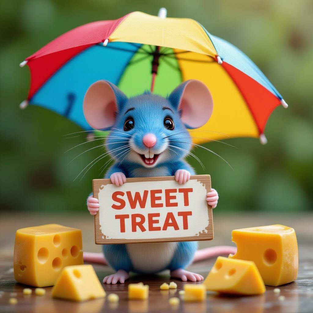 Whimsical Blue Mouse with Sweet Treat Sign