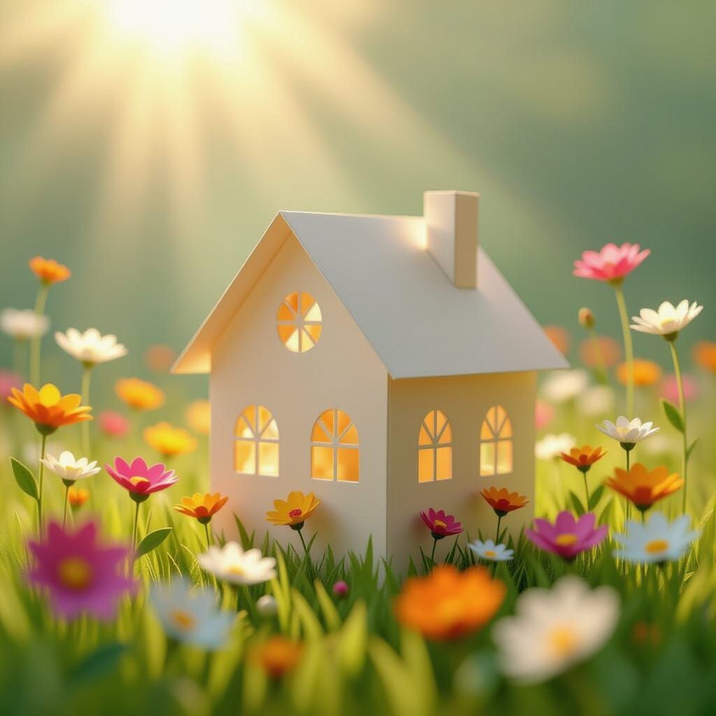 Whimsical Origami Paper House Among Stylized Wildflowers