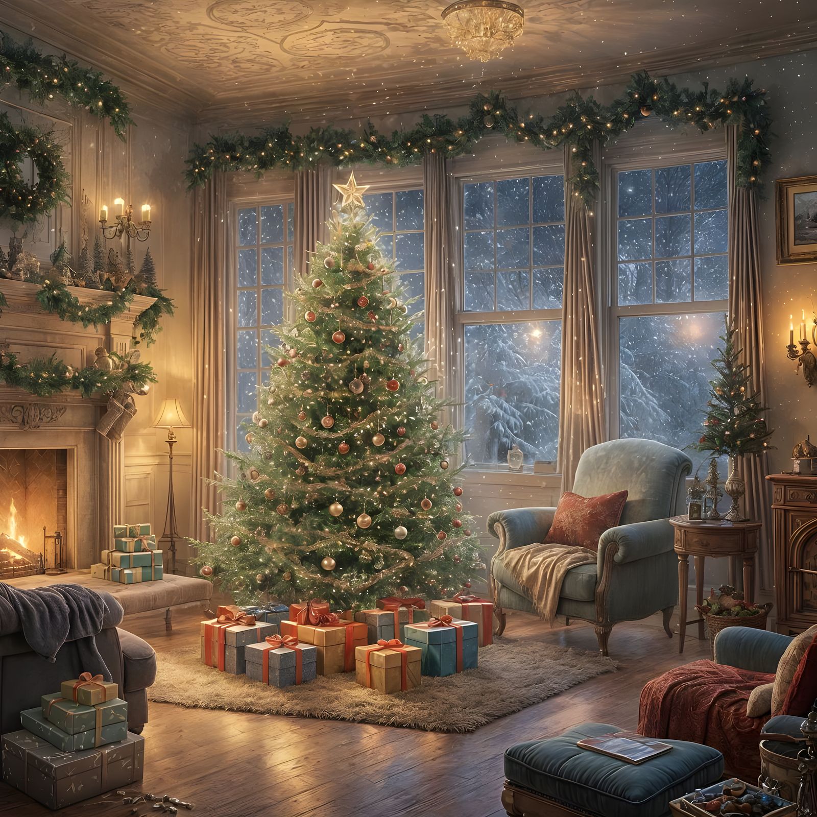 A living room with a Christmas tree with lights on, presants under the tree. High resolution.   by @Irene