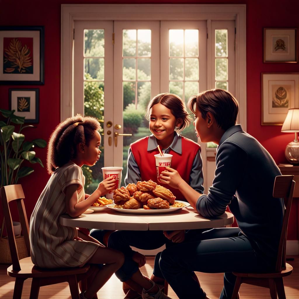 a familly at home eating KFC,  CGI VFX by Framestore+Weta+Di...