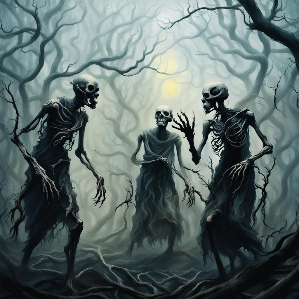 Eerie Forest Escape in Dark Fantasy Illustration