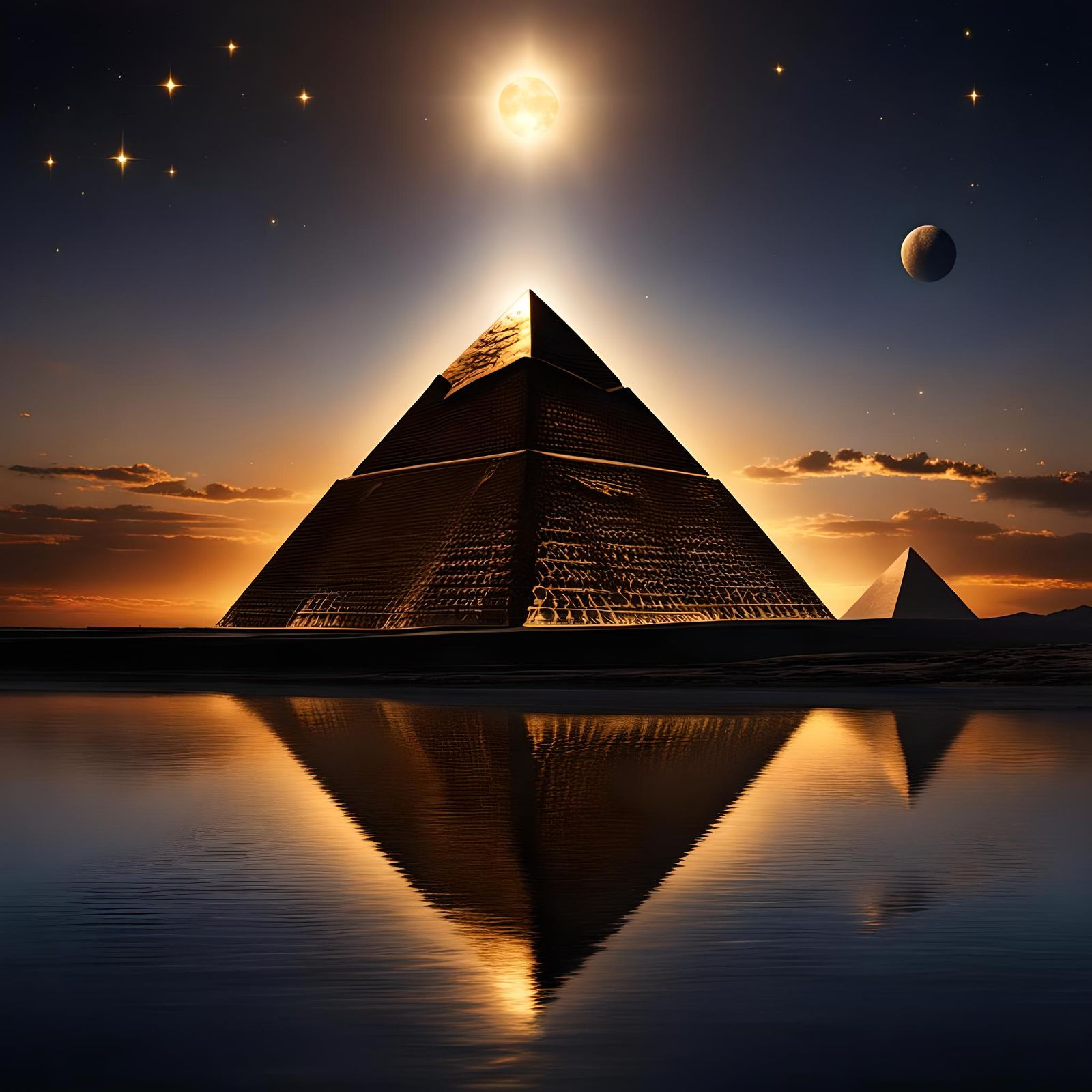 Hyper realist pic of The three metal pyramids of Giza  hiero...