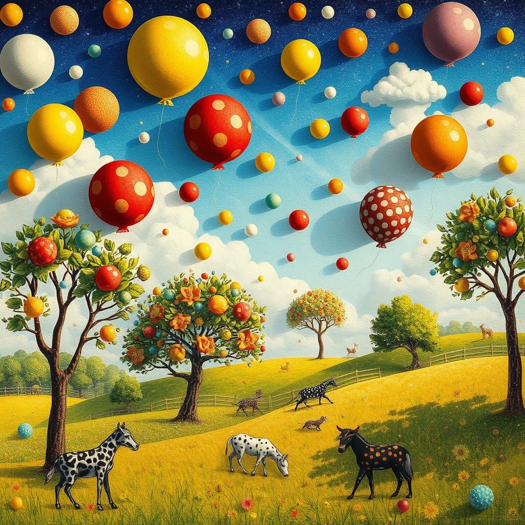 Imagine a kinetic pointillism surreal dreamscape where polka dots of various sizes and colors float in ...  by @Solfreedom