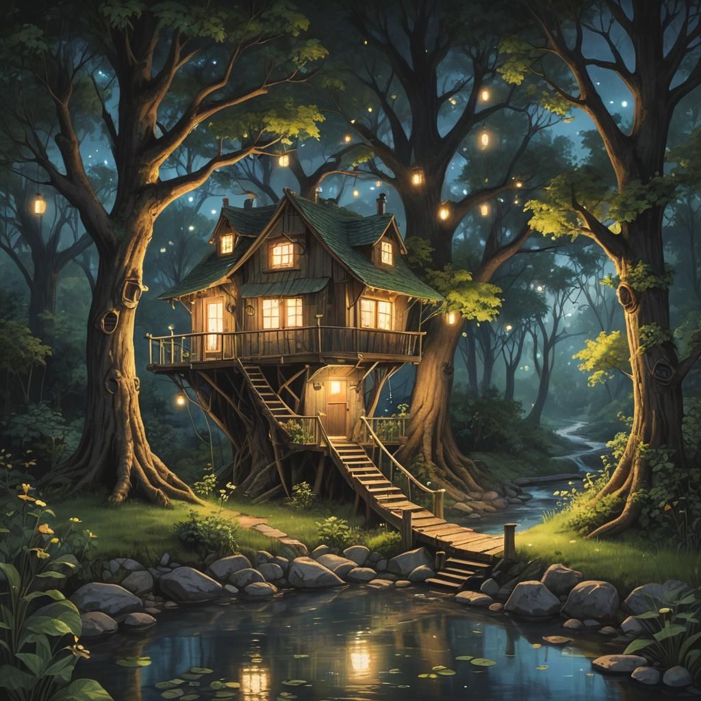 Magical depiction of a tree house next to a small stream whe...