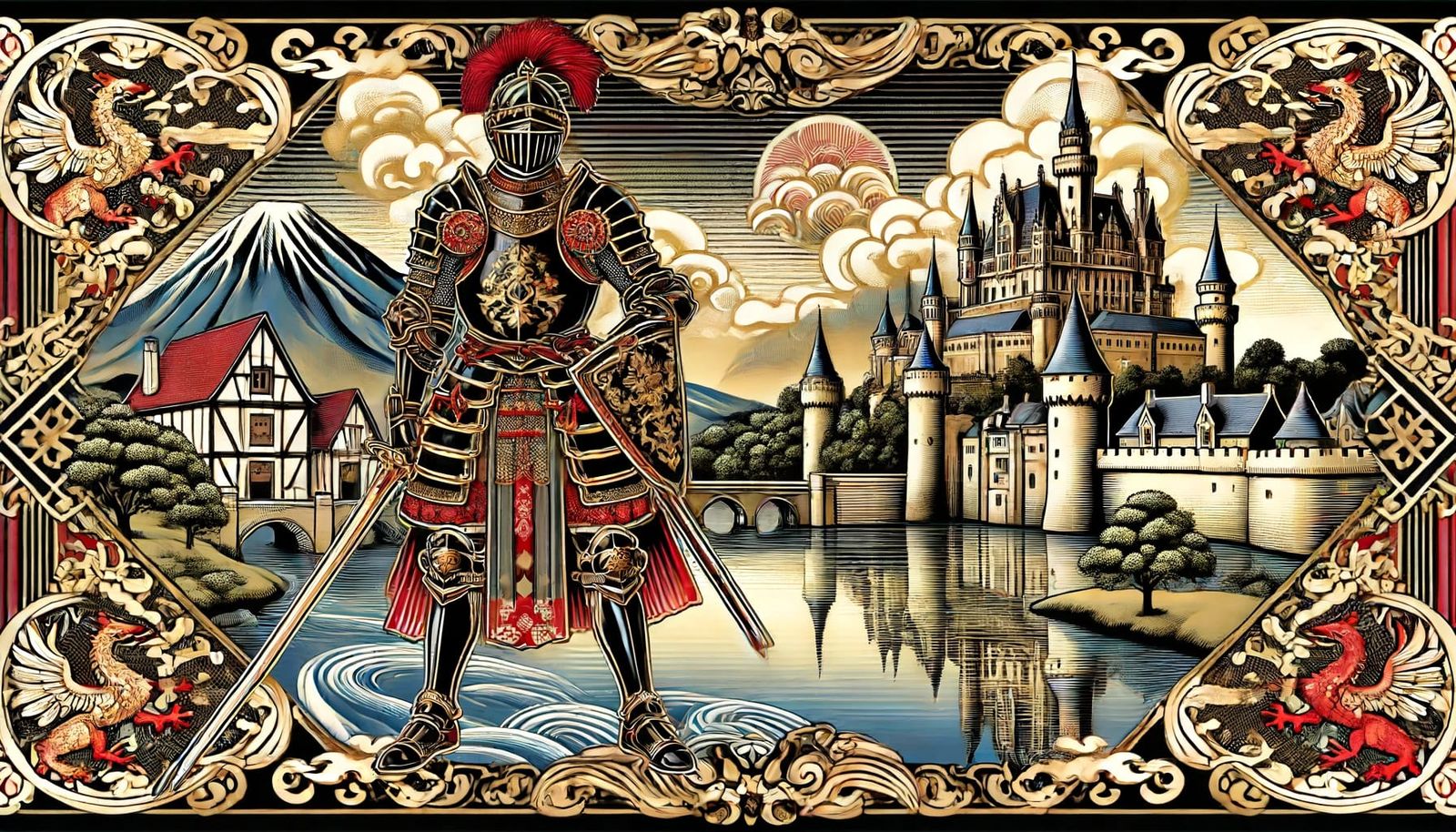 Knight by the Lake with Majestic Castle in Japanese Style