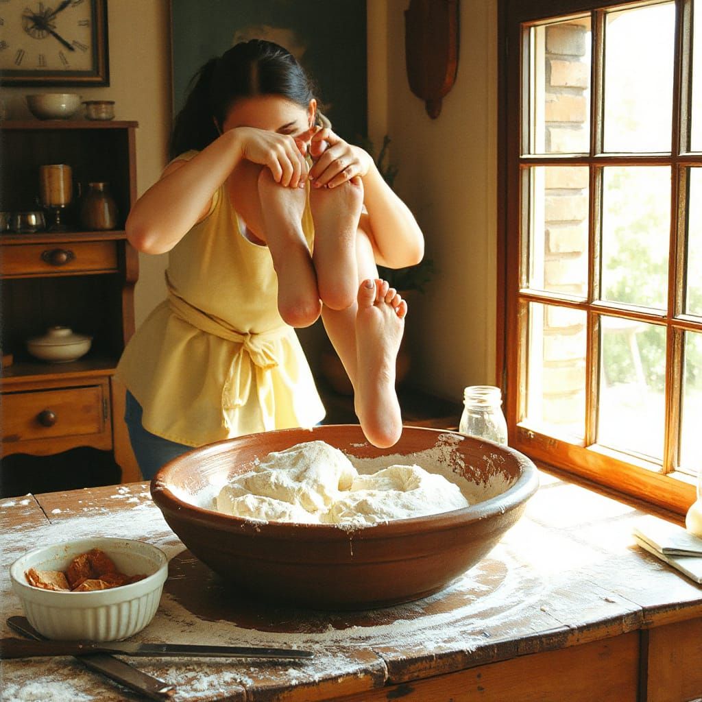 Handless woman is making a dough with her feet in a bowl.  by @undefined