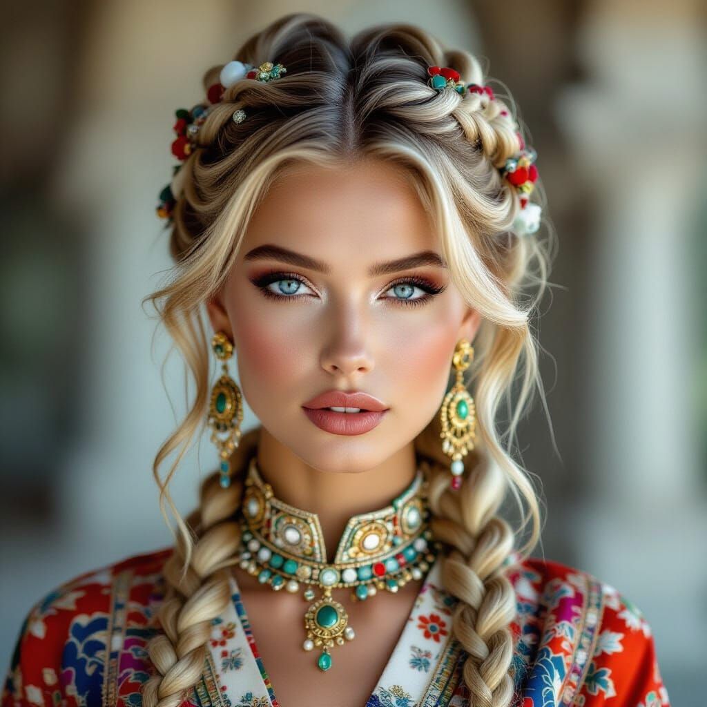 HD, ultra-realistic elegant fashion editorial portrait, model wearing avant-garde clothing inspired by multicultural traditions, intricate h...