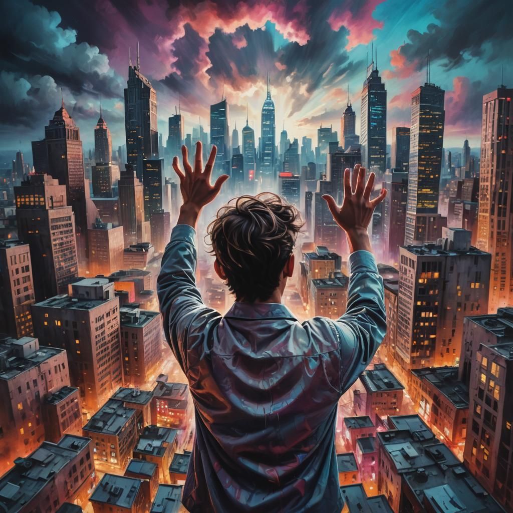 Surreal Person in Dreamlike Cityscape, Vivid 3D Render