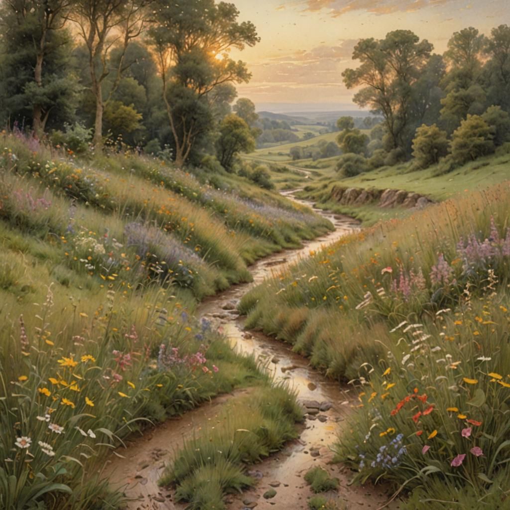 a wide meadow landscape with a small stream and colorful wild flowers.