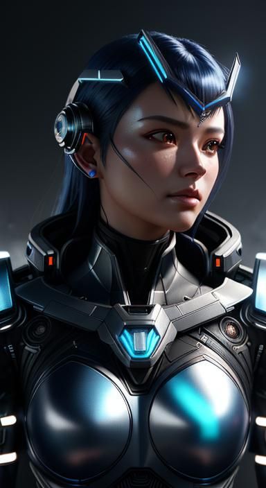 blue cybernetic faced women with fractal plumes made from wi...
